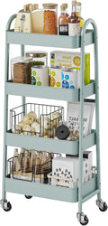 DUMOS 4 Tiers Metal Rolling Utility Cart with Lockable Wheels, Mobile Storage Organizer, Utility Shelving Unit for Kitchen, Office, Bathroom, Laundry, Narrow Places, Light Green