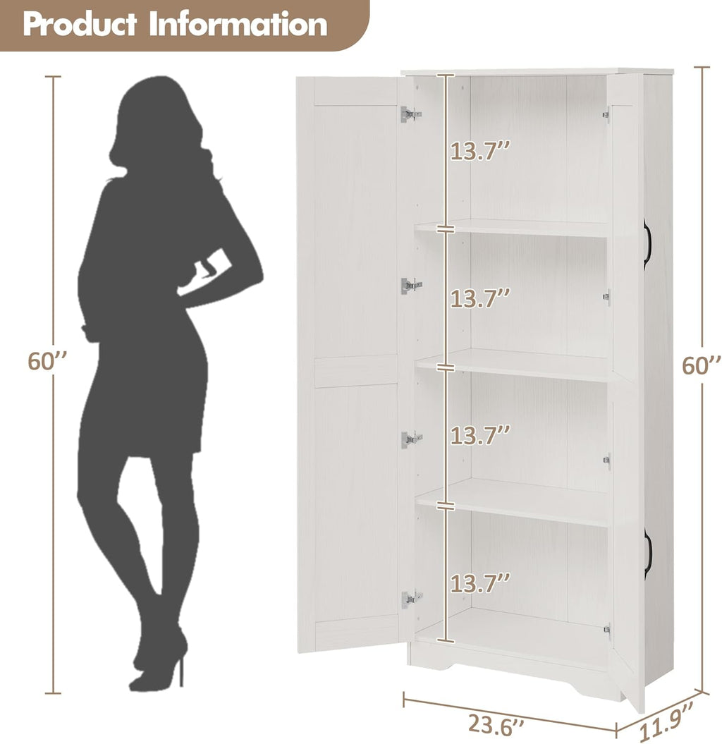CABIHOME White Pantry Storage Cabinet 60" Tall, 2-Door Adjustable Shelf Cupboard for Kitchen, Bathroom, Living Room - Tall Storage Furniture