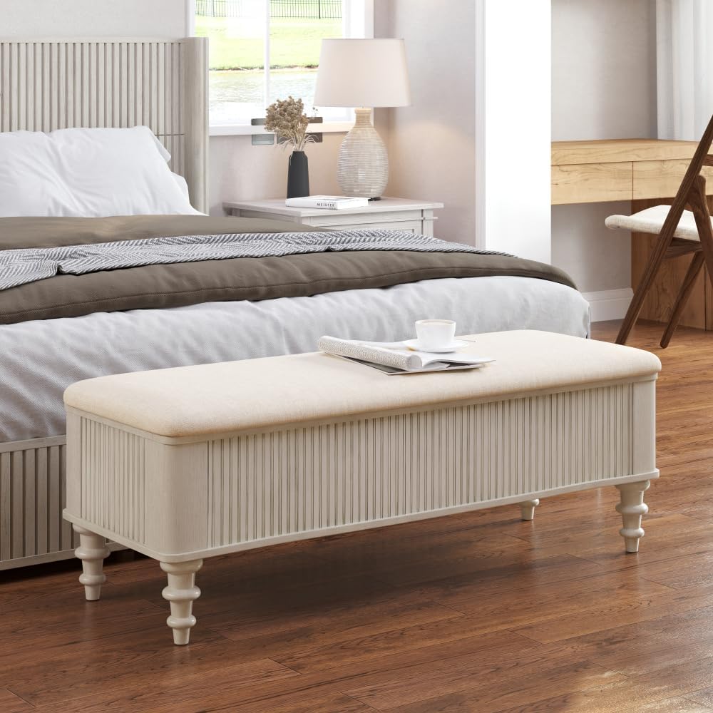 50.8-inch Multi-Functional Storage Ottoman Bench-Solid Rubberwood Bed End Bench with Linen Seat, Storage Bench for Bedroom, Entryway Shoe Organizer,Walnut (Beige + Rubber Wood + Linen)