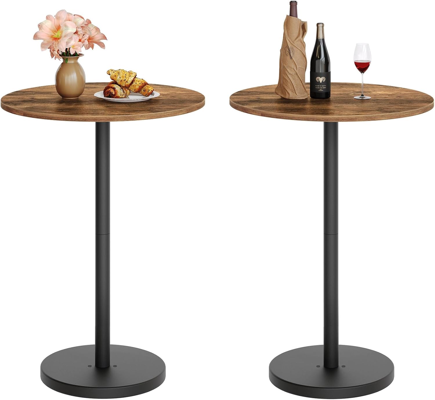 YATINEY Bar Table, Round Bar Table Set of 2, Counter Height Table, Pub Cocktail Table, Metal Frame, for Bistro, Dining Room, Living Room, Terrace, Rustic Brown and Black BT05L2BRY1