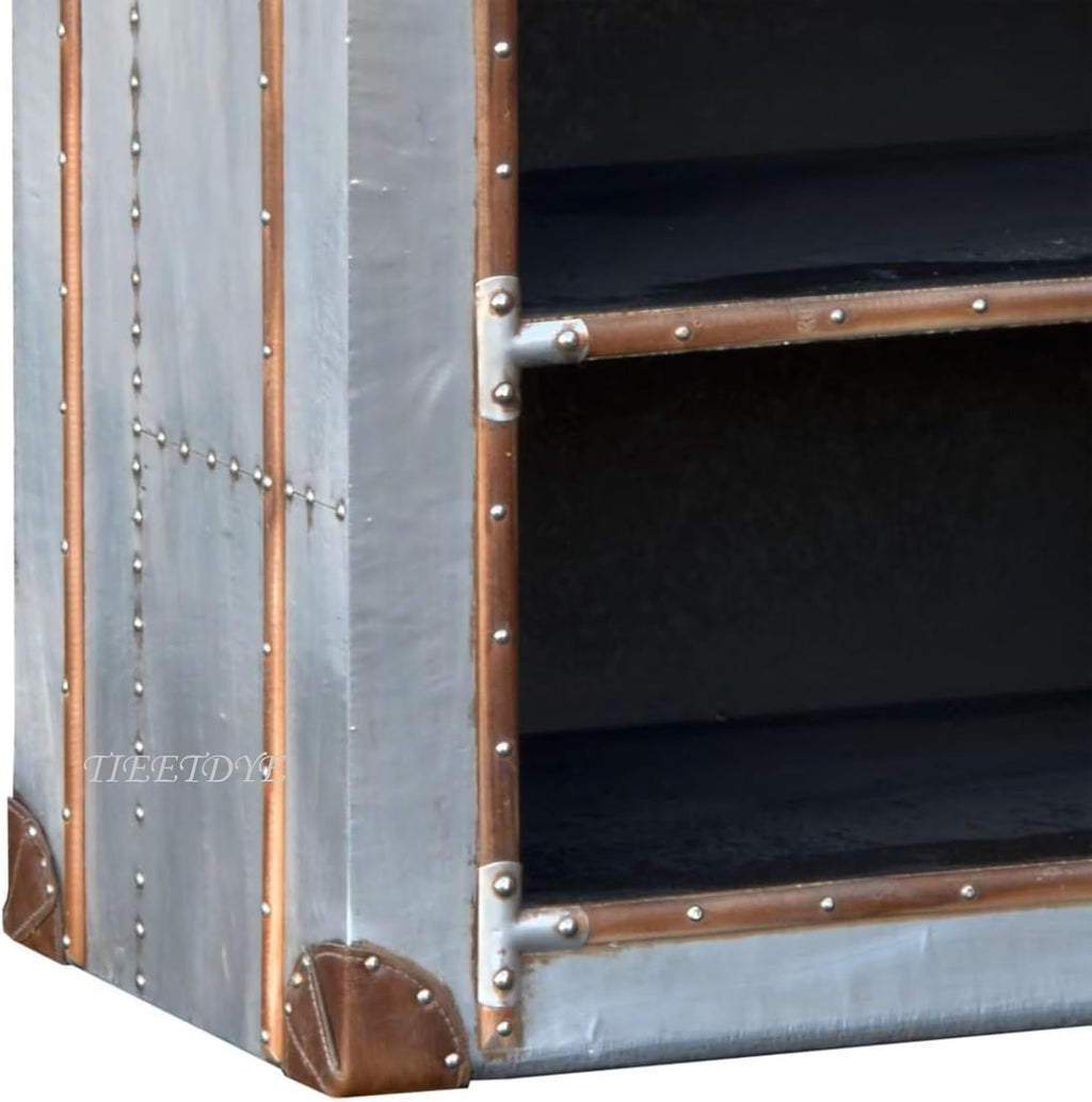 Aviator Side Table & Compact Bookcase with Aluminum Finish and Riveted Detailing Industrial Living Room Furniture