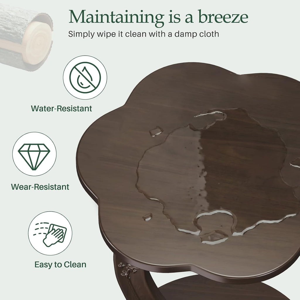 C-Shaped End Table for Couch - Round Small C Side Table, Flower Handmade Wood Sofa Couch Tables That Slide Under Bedside, Saving Space Wooden Tray for Living Room, Small Space, (Dark Walnut)