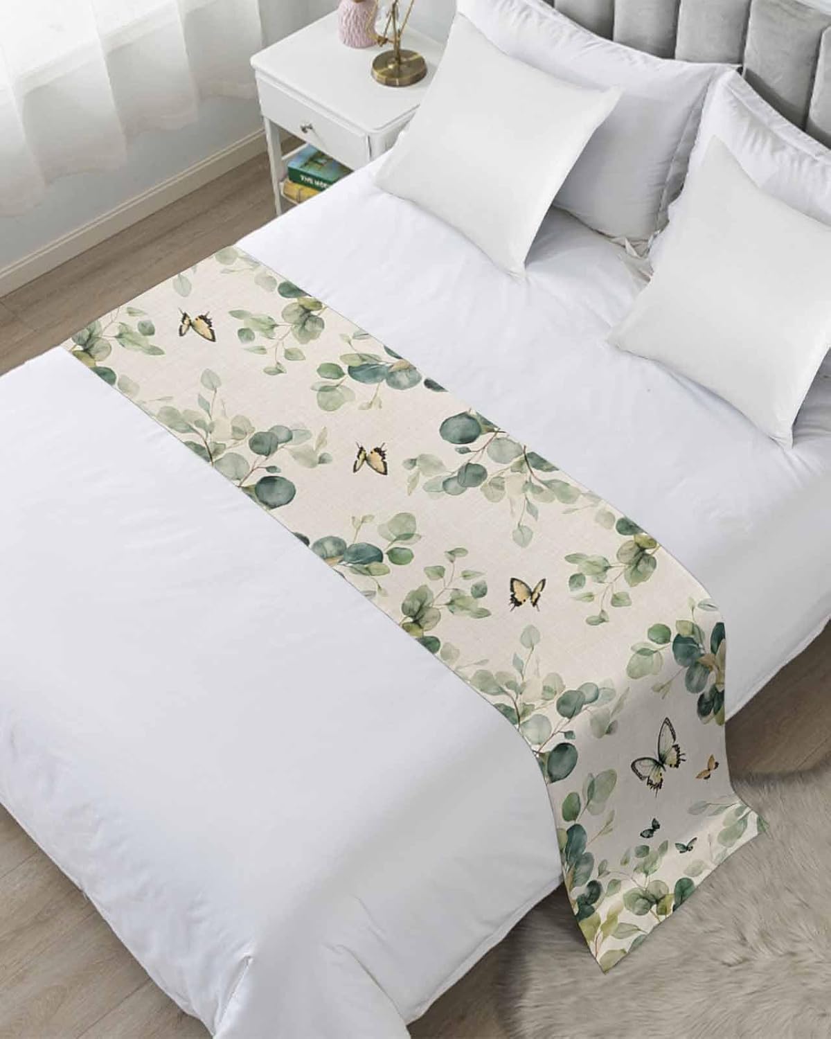 Eucalyptus Leaves Bed Runner Scarf Cal King Size, Spring Summer Botanical Sage Green Rustic Luxury Bed Throw Runners & Scarves for Twin Full Queen King Foot of Bed, Hotel Wedding Decoration, 102"x20"
