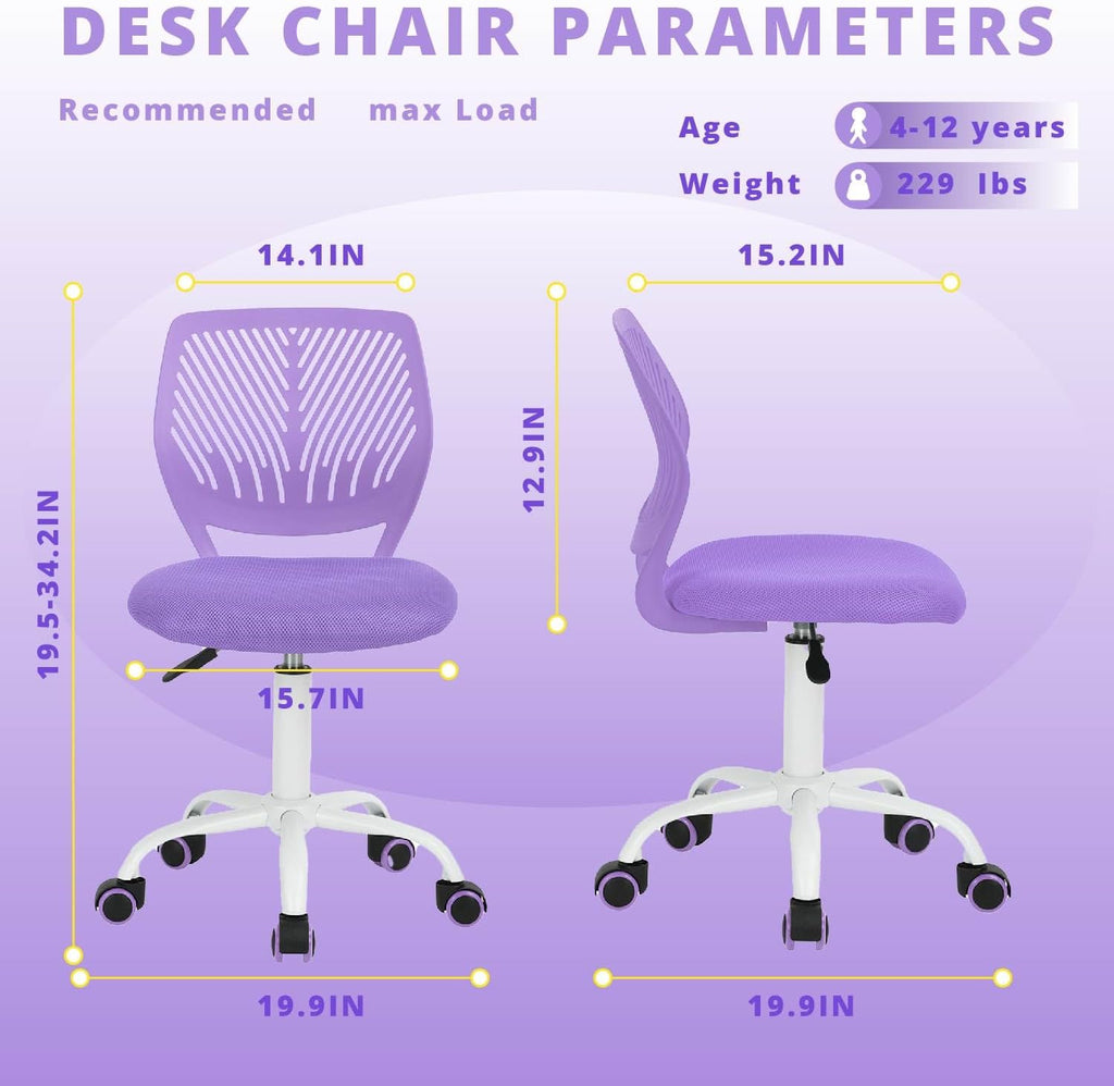 FurnitureR Teens Girls Task Chair 360 Swivel, Low Mid PP Mesh Back Fabric Seat, Height Adjustable, Rolling Castor, W15.7inces x D15.2inces x H29.5-34.2inches (Purple)