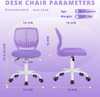 FurnitureR Teens Girls Task Chair 360 Swivel, Low Mid PP Mesh Back Fabric Seat, Height Adjustable, Rolling Castor, W15.7inces x D15.2inces x H29.5-34.2inches (Purple)