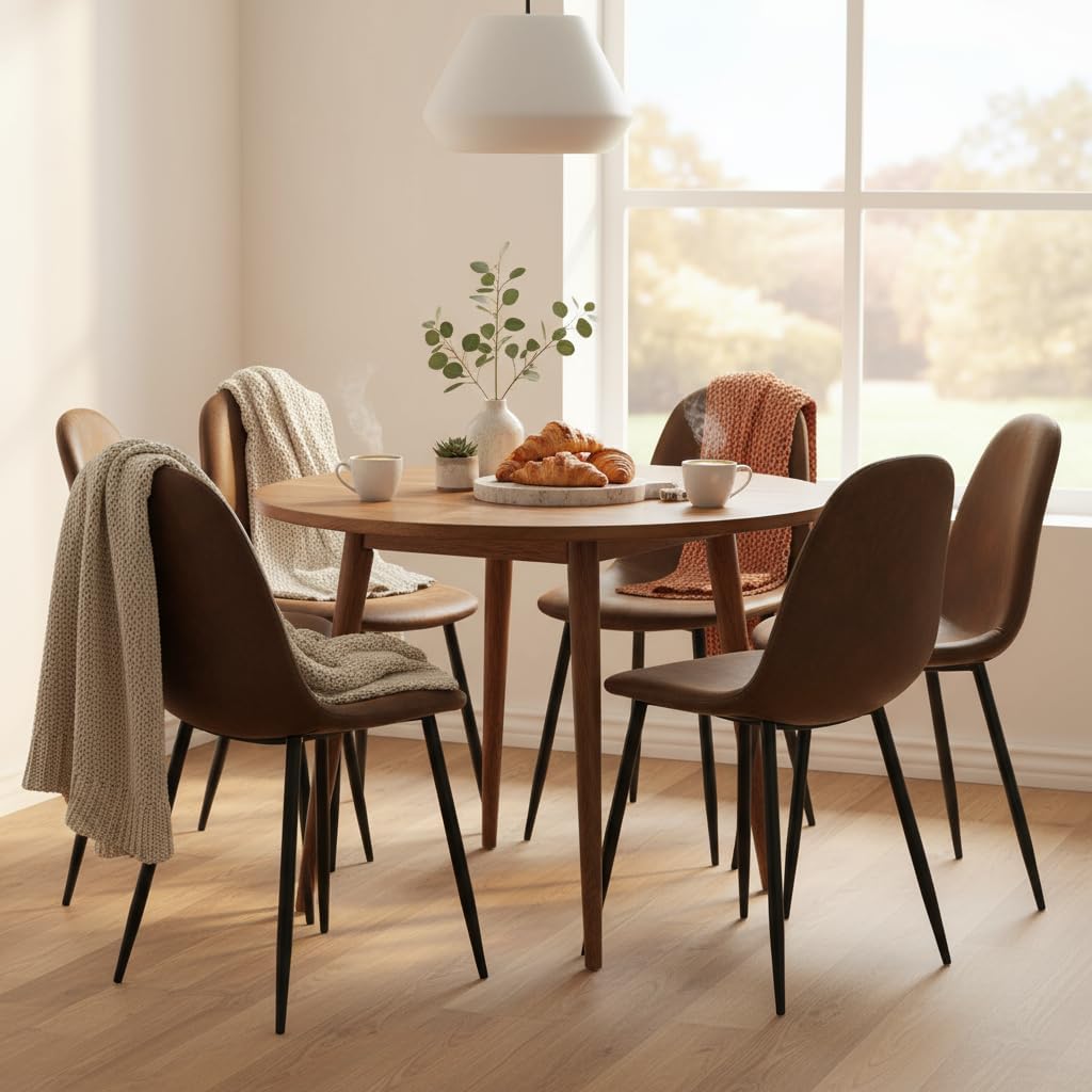 Homy Casa 6-Piece Suede Upholstered Dining Chairs Set of 6 – Armless Side Chairs with Padded Seat & Back, Metal Legs, Brown Accent Dining Room/Kitchen Seating