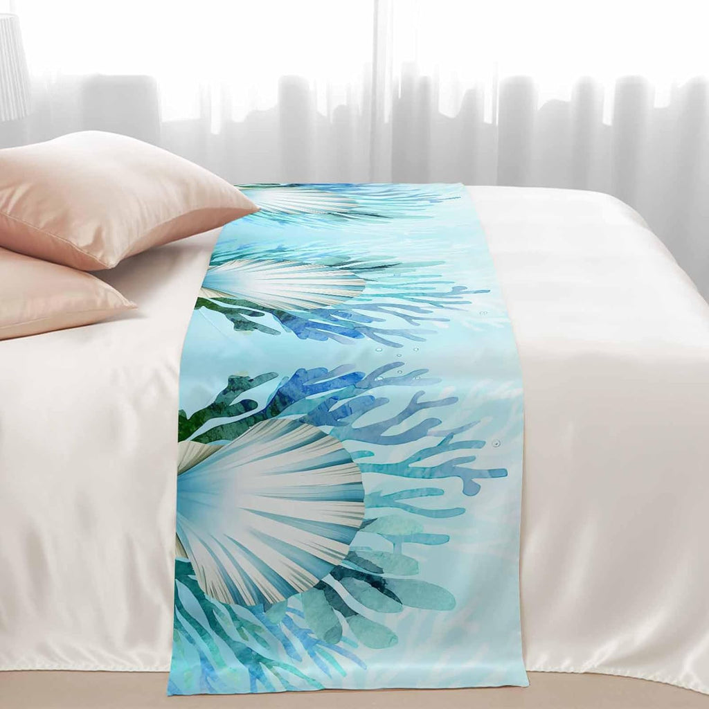 Bed Runner Scarf for King Size Bed, Teal Blue Coastal Beds Scarf Throws for Foot of Bedding, Summer Ocean Sea Shells Corals Decorative Beds Runners for Bedroom Guestroom, 94"x20"