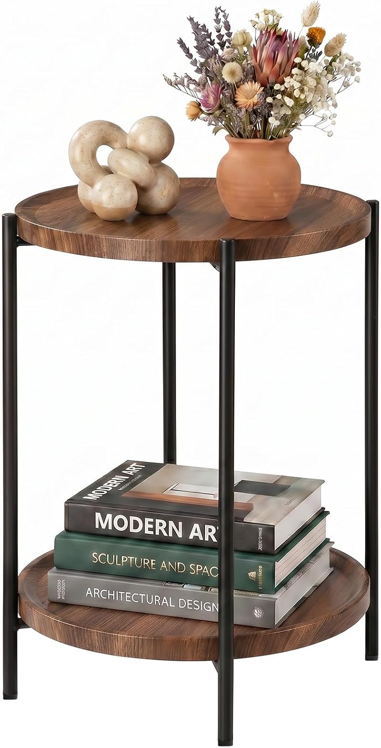 TeoKJ 2 Tier Small Side Table, Folding Round Metal End Table with Two Removable Wooden Tray, No Assembly Nightstand for Bedroom Living Room Bedside Round Bedside Table for Small Spaces, Walnut