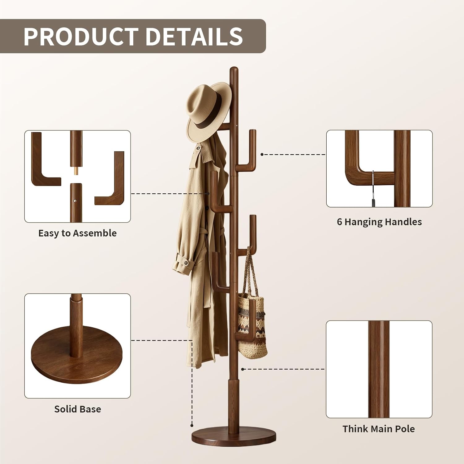 Coat Rack,Solid Wood Cactus Freestanding Coat RackWith 6 L-Shaped Hooks and 3 Adjustable Sizes,Coat Tree for Bedroom, Entryway, Livingroom, Coat Hanger Stand for Coats, Handbags (Walnut)