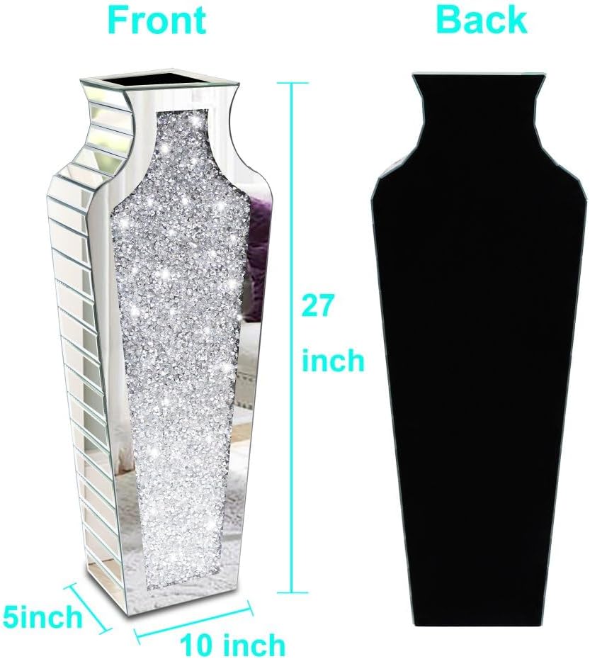 27" Tall Diamond Mirrored Floor Vase Silver Glass Decor for Flower No Water | Sparkling diamond mirror glass. Stunning floor accent for living room, entryway, or hallway. Ideal for modern home decor.