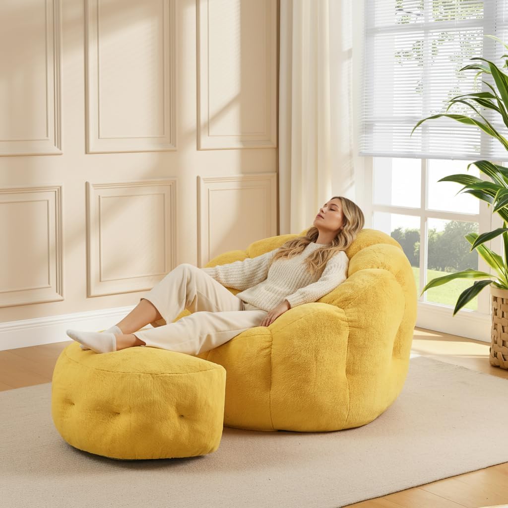 Flower Bean Bag Chair with Ottoman, Comfy Fuax Fur Beanbag for Adults & Teens, Fluffy Plush Floor Lazy Sofa for Bedroom, Living Room, Reading Nook, Yellow