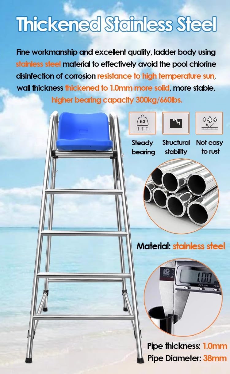 Outdoor Life Guard Chair for Patio Beach Water Park, Tall Pool Deck Lifeguard Chairs for Kids/Adults, Heavy Duty Stainless Steel Elevated Lifeguard Chair, Loads 660lbs(3 Steps - H 150cm/59inch)