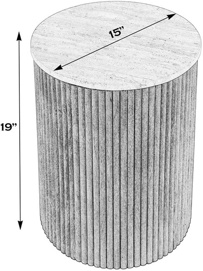 Beaumont Lane Modern Round Side Table, 15" x 19", Travertine Stone Top and Fluted Mango Wood Base, Natural Finish, Durable Accent Table for Living Room or Bedroom