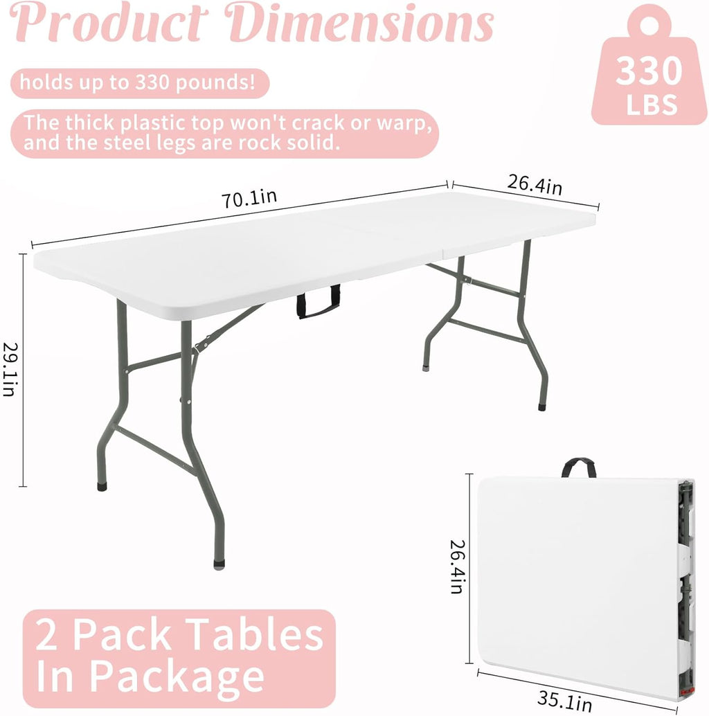 Fivenl 2 Pack 6 Feet Portable Folding Table White, Steel Legs Fold-in-Half with Carrying Handle Rectangular Plastic Foldable Table for Party, Wedding, Camping, Picnic, Dining, Indoor Outdoor Events