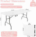 Fivenl 2 Pack 6 Feet Portable Folding Table White, Steel Legs Fold-in-Half with Carrying Handle Rectangular Plastic Foldable Table for Party, Wedding, Camping, Picnic, Dining, Indoor Outdoor Events