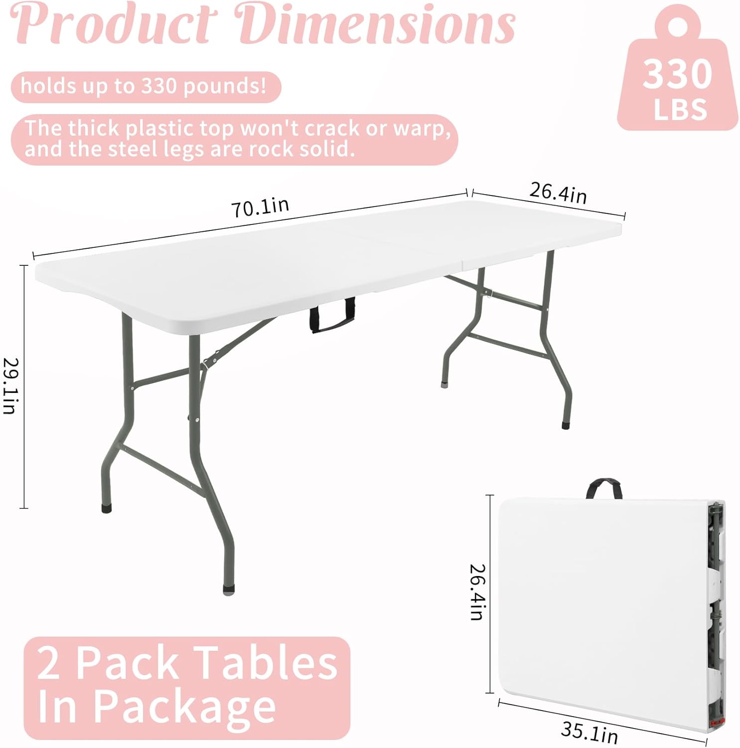 Fivenl 2 Pack 6 Feet Portable Folding Table White, Steel Legs Fold-in-Half with Carrying Handle Rectangular Plastic Foldable Table for Party, Wedding, Camping, Picnic, Dining, Indoor Outdoor Events