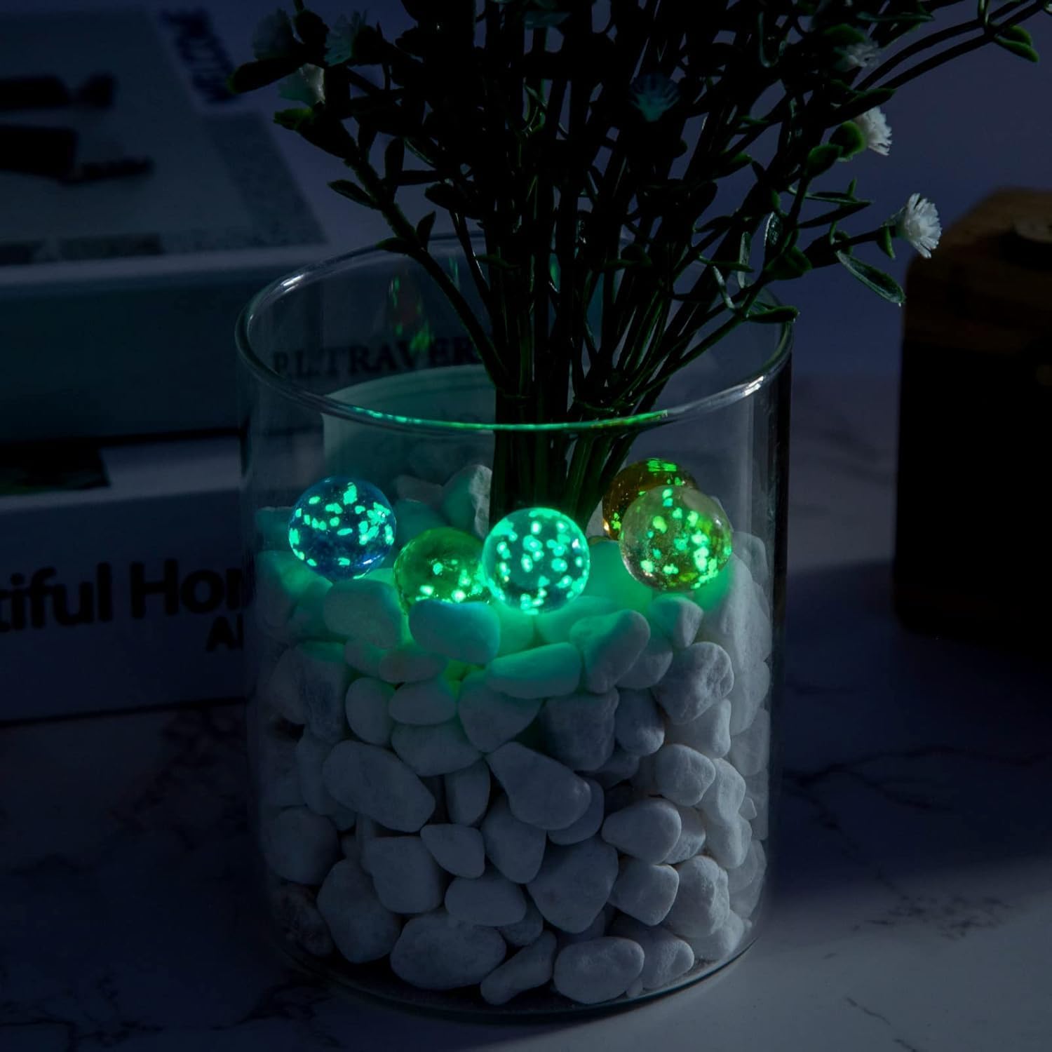 MCPINKY 36PCS Glass Marbles, Including 5 Glow in The Dark Marbles for Vase Filler, Fish Tank, Table Scatter Decoration