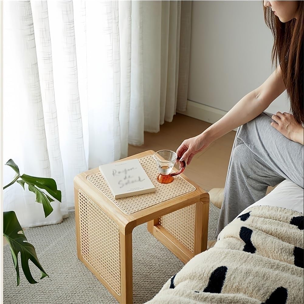 Square Rattan Side Table Modern Small Wooden Coffee Table Wood and Hand-Woven Rattan End Table Nightstand for Living Room Long Lasting