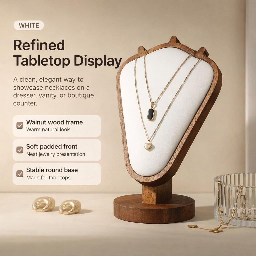 Necklace Display Stand, Walnut Wood Jewelry Holder with Soft Padded Leather Panel, Tabletop Necklace Organizer for Dresser, Vanity, Boutique Display (White)