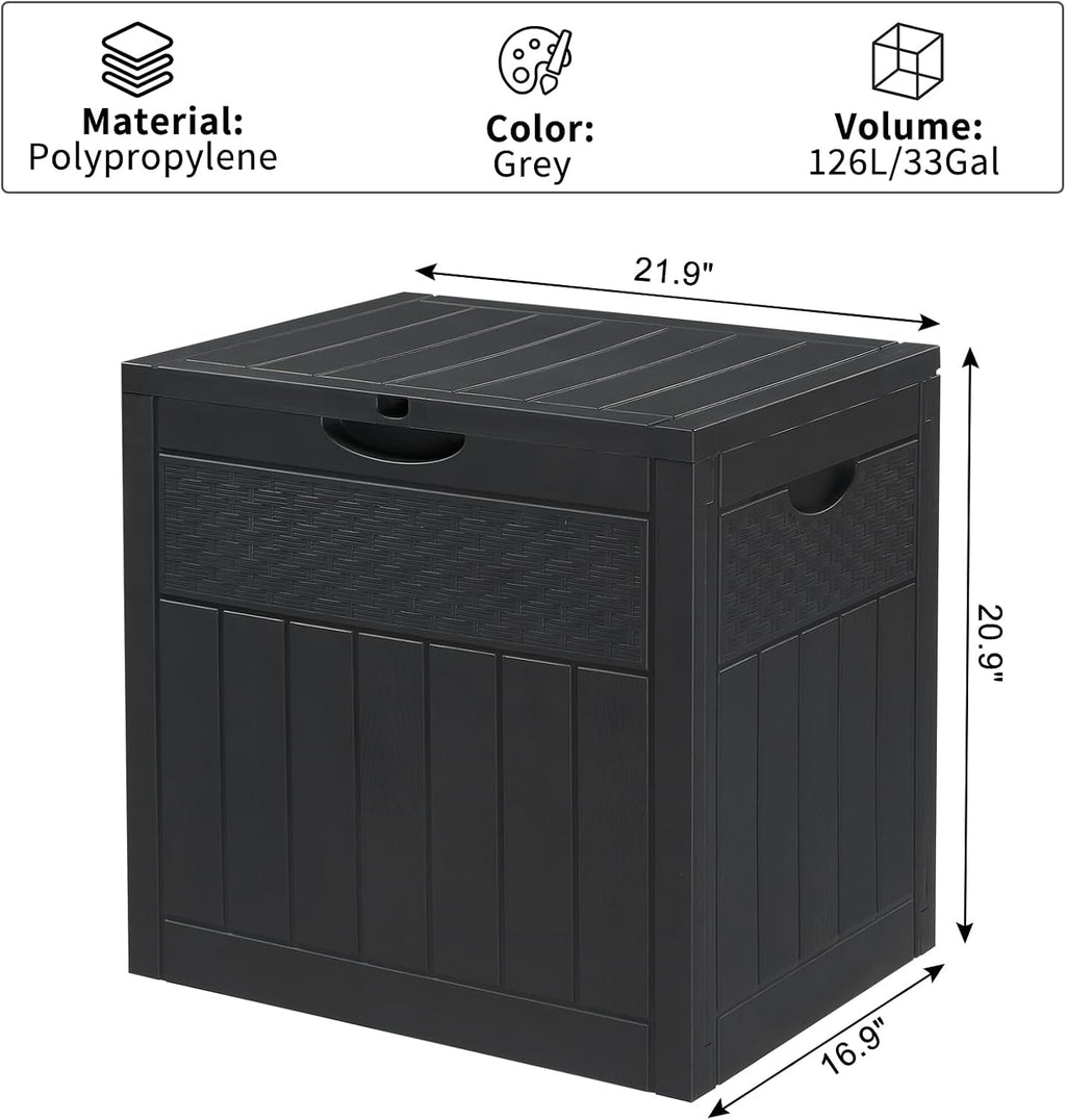 Dark Gray 33 Gal Wood & Rattan Plastic Storage Bench, Outdoor Deck Box, Patio Storage Box for Garden Cushions Tools, Garden Tool Storage Pool Accessory Holder Cushions Lid Side Table Function