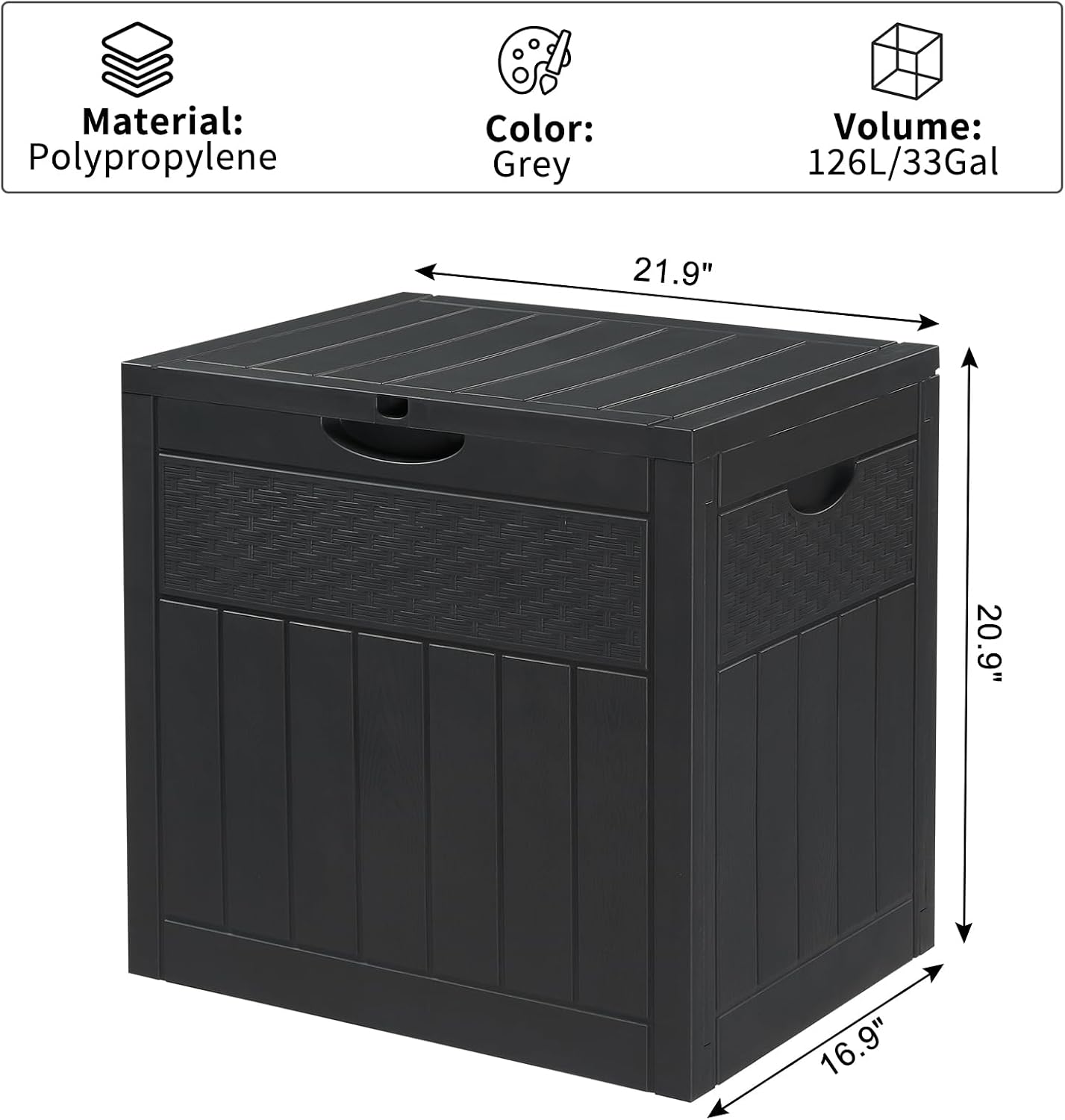 Dark Gray 33 Gal Wood & Rattan Plastic Storage Bench, Outdoor Deck Box, Patio Storage Box for Garden Cushions Tools, Garden Tool Storage Pool Accessory Holder Cushions Lid Side Table Function