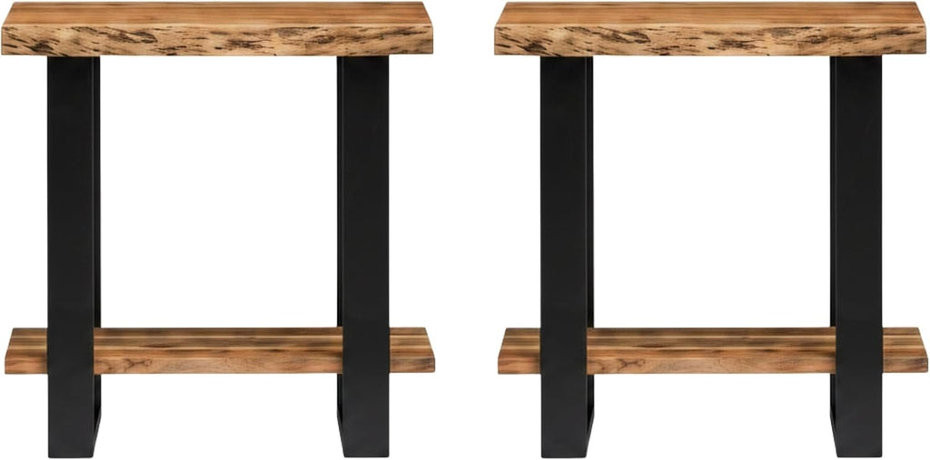 Alaterre Furniture Alpine Live Edge Modern End Table Set of 2-2-Tier Narrow Side Table Set with Open Storage Shelf - Solid Wood and Metal Modern Nightstands for Living Room or Bedroom (Natural)