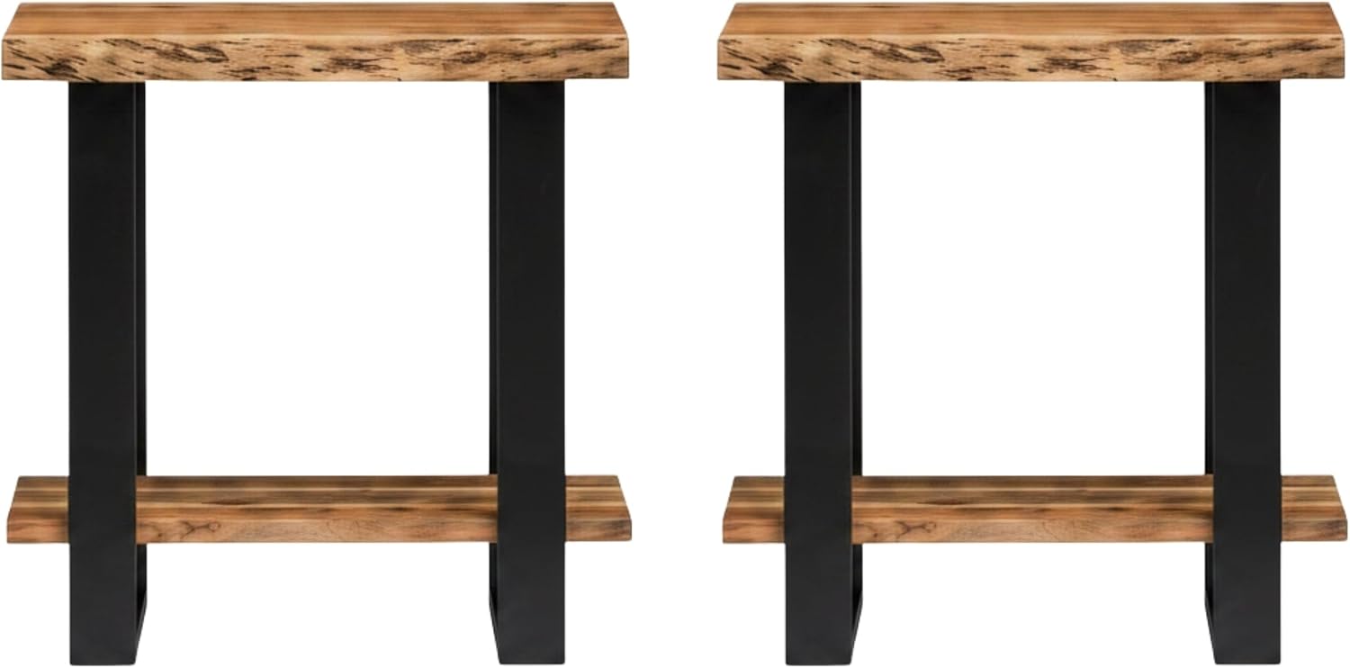 Alaterre Furniture Alpine Live Edge Modern End Table Set of 2-2-Tier Narrow Side Table Set with Open Storage Shelf - Solid Wood and Metal Modern Nightstands for Living Room or Bedroom (Natural)