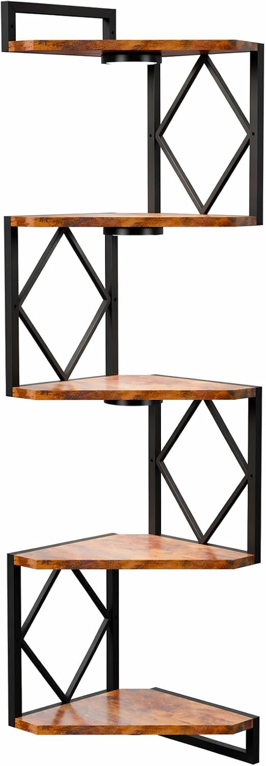HAAYOT Corner Shelf Wall Mounted: 5-Tier Floating Shelves with Lights for Living Room, Bedroom, Home Office, Rustic Brown