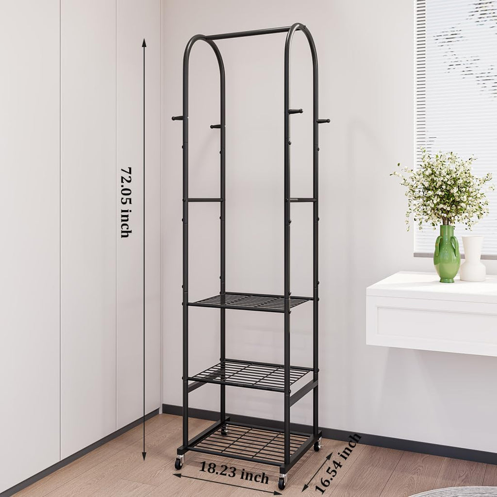 SUOERNUO Rolling Clothes Rack Clothing Rack With 3 Tier Metal Shelves | Clothing racks for hanging clothes With 4 Hooks for Small Space.Garment Rack for Bedroom Laundry room Entrance Hall,Black