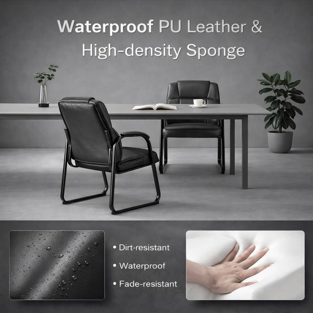 Office Guest Chair Set of 4, Leather Waiting Room Chair with Sled Base and Armrests, Reception Desk Chair No Wheels, Conference Room Chair for Office Lobby Clinic Home