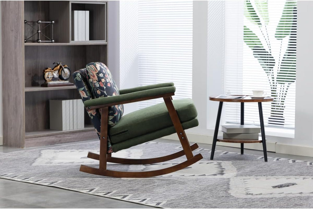 Rocking Chair for Nursery, Mid Century Modern Accent Chair with Comfort Backrest and Cushion, Cozy Reading Chair with Solid Rubberwood Frame for Living Room, Bedroom and Sunroom