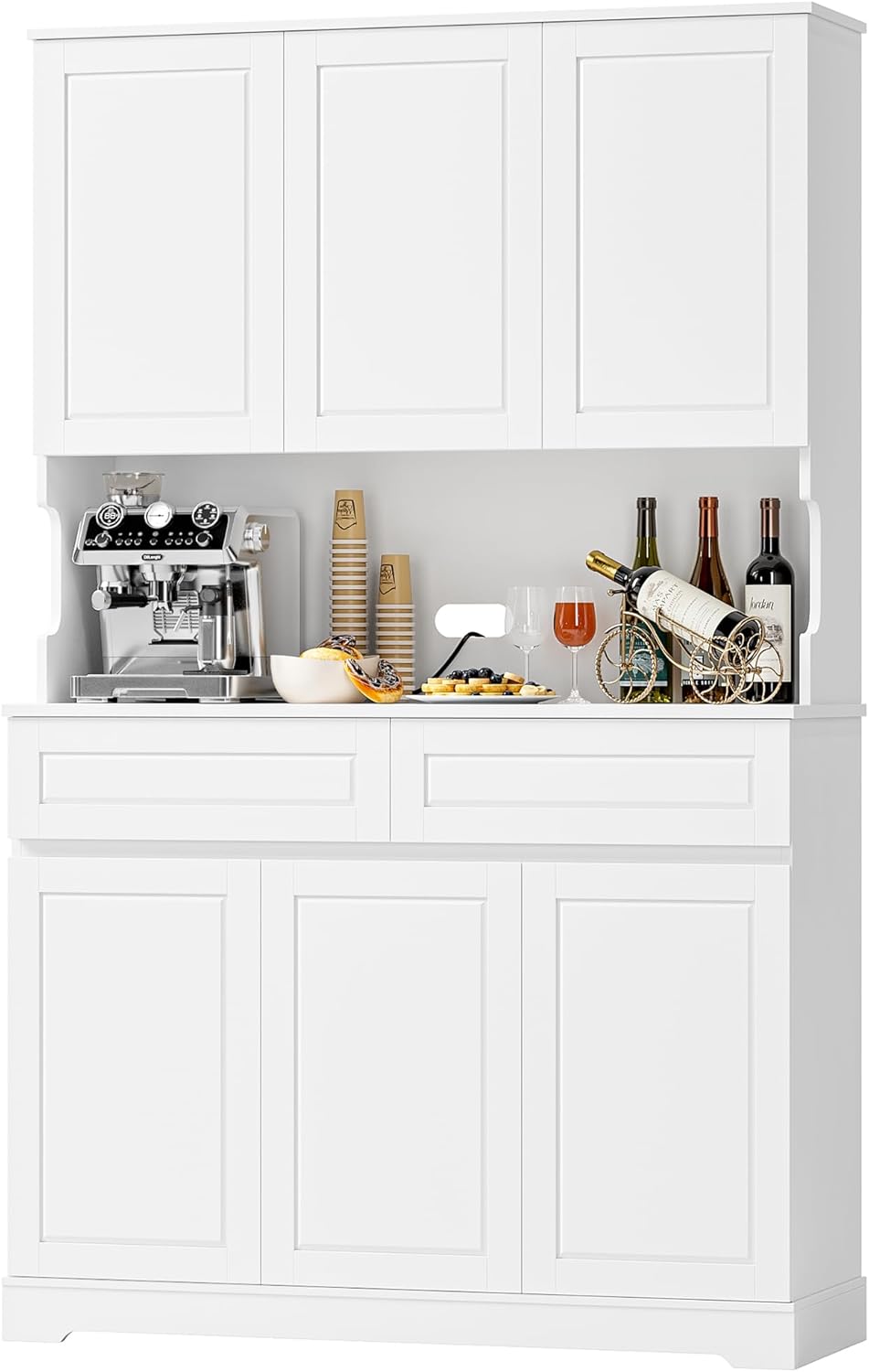 FACBOTALL 74" Pantry Cabinet, Tall Kitchen Pantry Cabinet with 6 Doors and 2 Drawers, Kitchen Hutch with Wide Countertop, Modern Kitchens Cupboard with Adjustable Shelves and Charge Holes, White