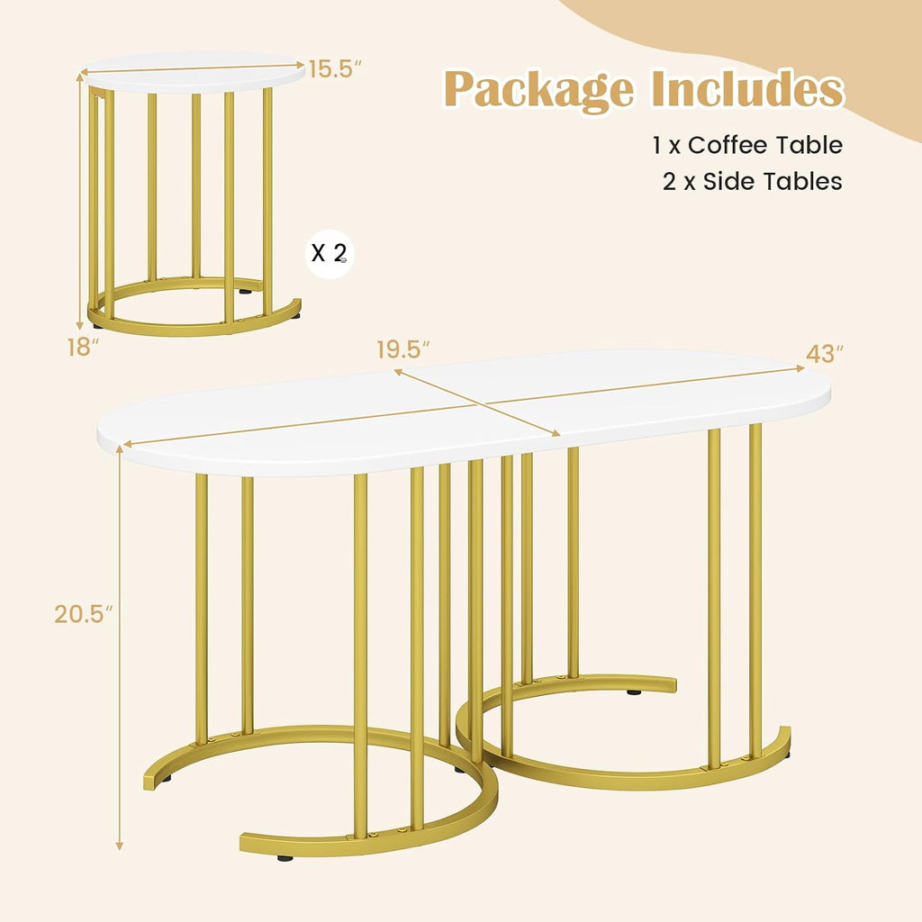 Giantex Nesting Coffee Table Set of 3, Stacking Side Tables with Faux Marble Tabletop & Gold Metal Frame, Oval Coffee Table & 2 Round End Tables, 3-Piece Modern Living Room Table Set for Apartment
