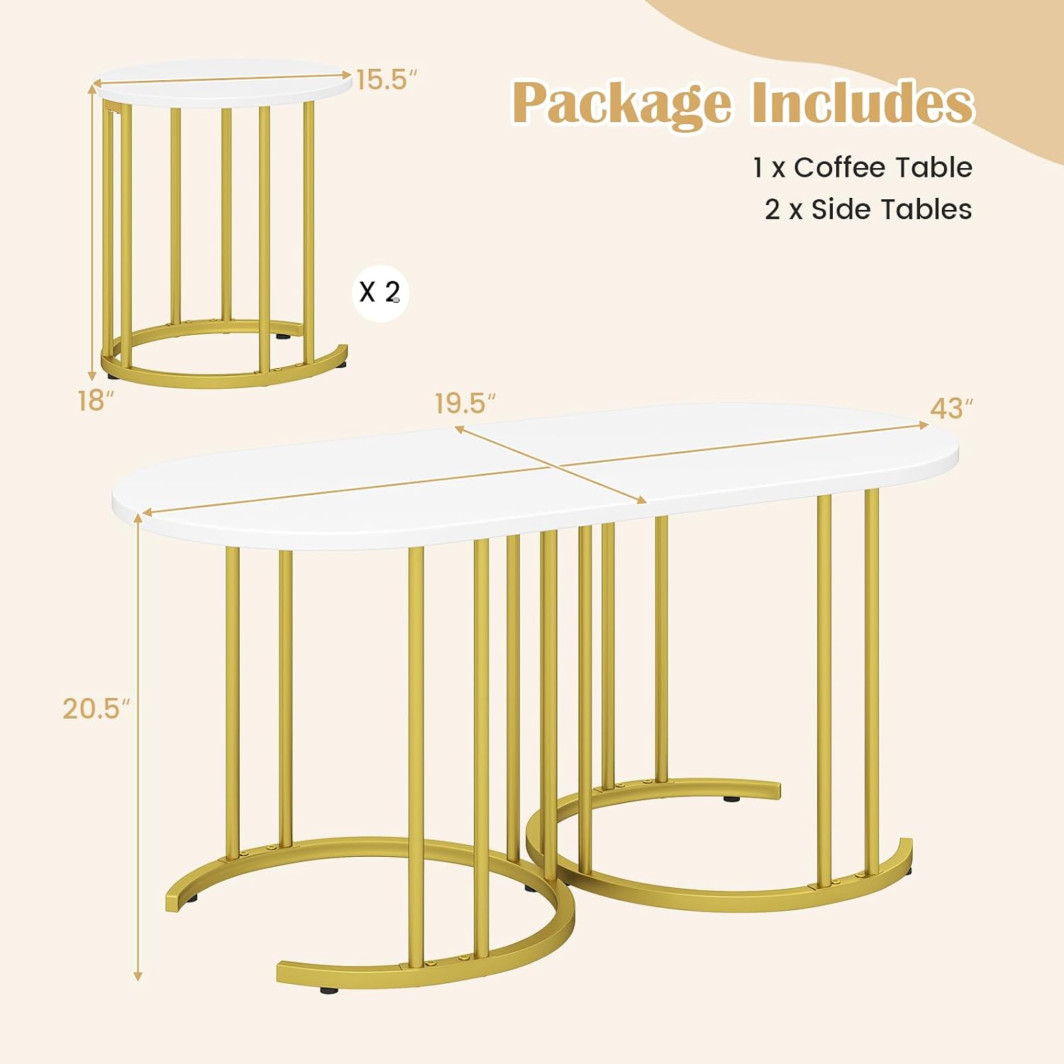 Giantex Nesting Coffee Table Set of 3, Stacking Side Tables with Faux Marble Tabletop & Gold Metal Frame, Oval Coffee Table & 2 Round End Tables, 3-Piece Modern Living Room Table Set for Apartment