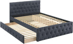 Contemporary Twin Size Bed w, Trundle Slats Charcoal Burlap Upholstered Button Tufted Headboard Footboard Youth Bedroom Furniture Wooden Slats 1pc Bed