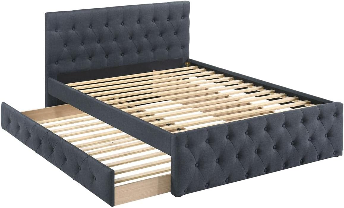 Contemporary Twin Size Bed w, Trundle Slats Charcoal Burlap Upholstered Button Tufted Headboard Footboard Youth Bedroom Furniture Wooden Slats 1pc Bed