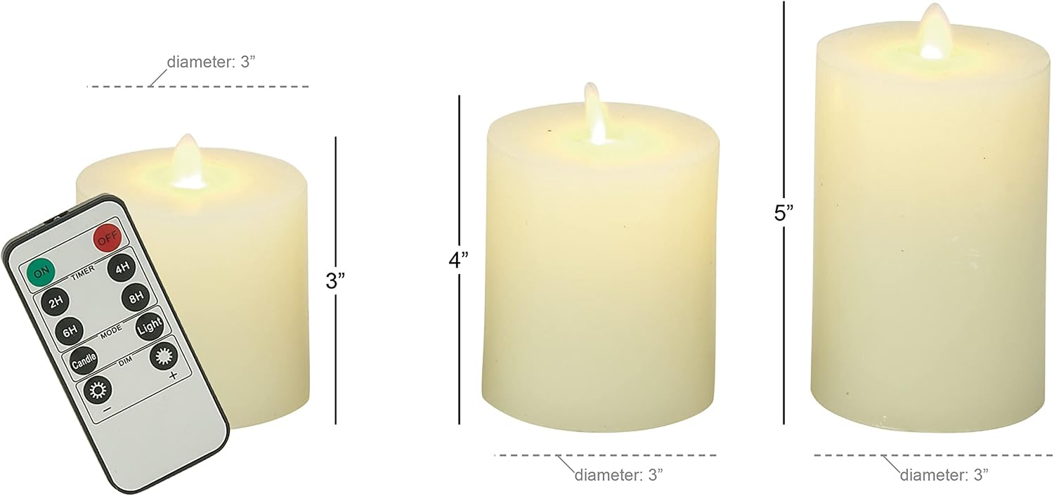 Deco 79 Wax Cylinder Flameless Candle with Remote Control, Set of 3 3", 4", 5"H, White