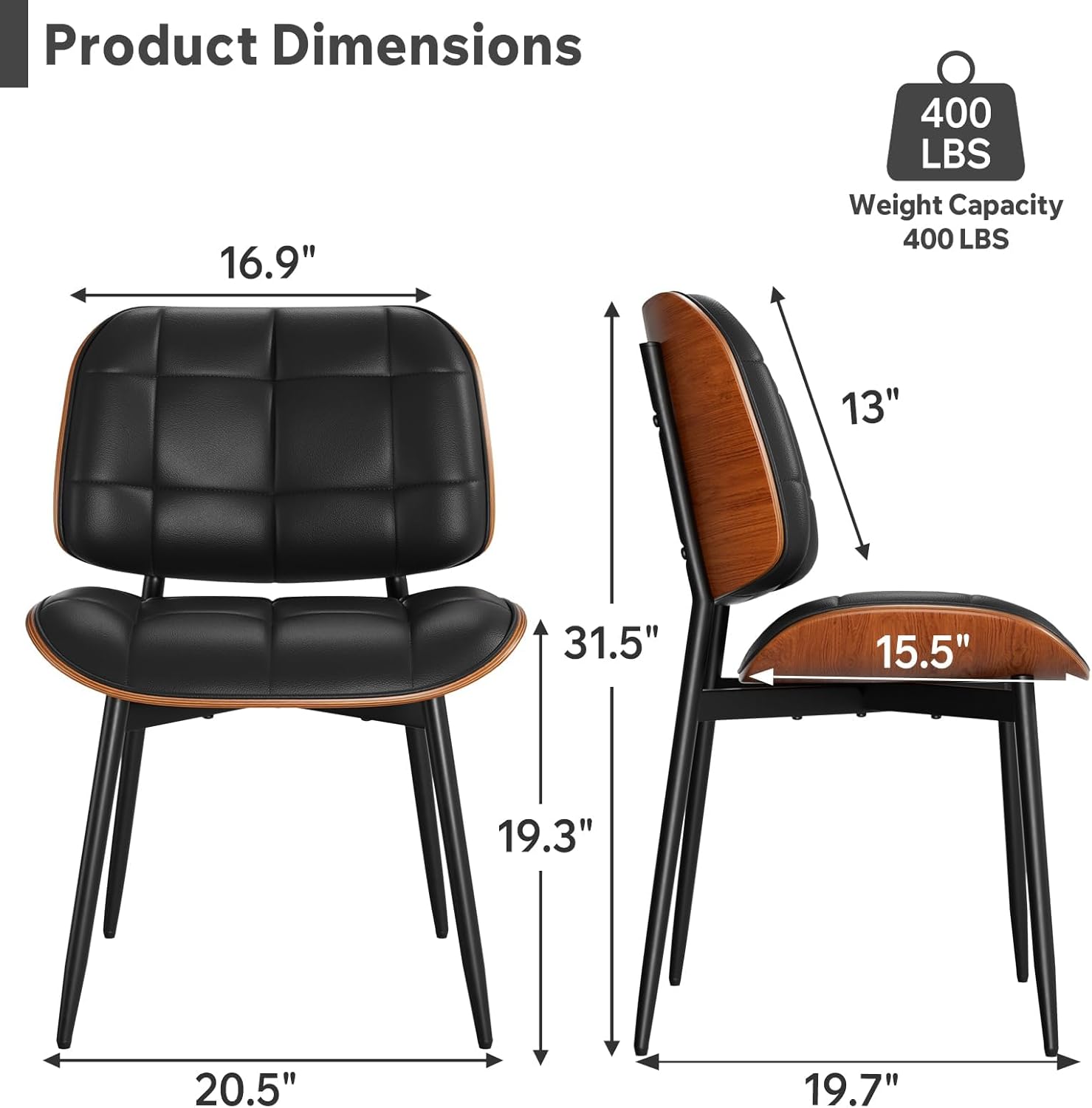 Dining Chairs Set of 2, Mid Century Modern Dining Room Chair, Upholstered Faux Leather Kitchen Chairs with Thick Cushion and Walnut Bentwood Back for Kitchen Dining Room, Black