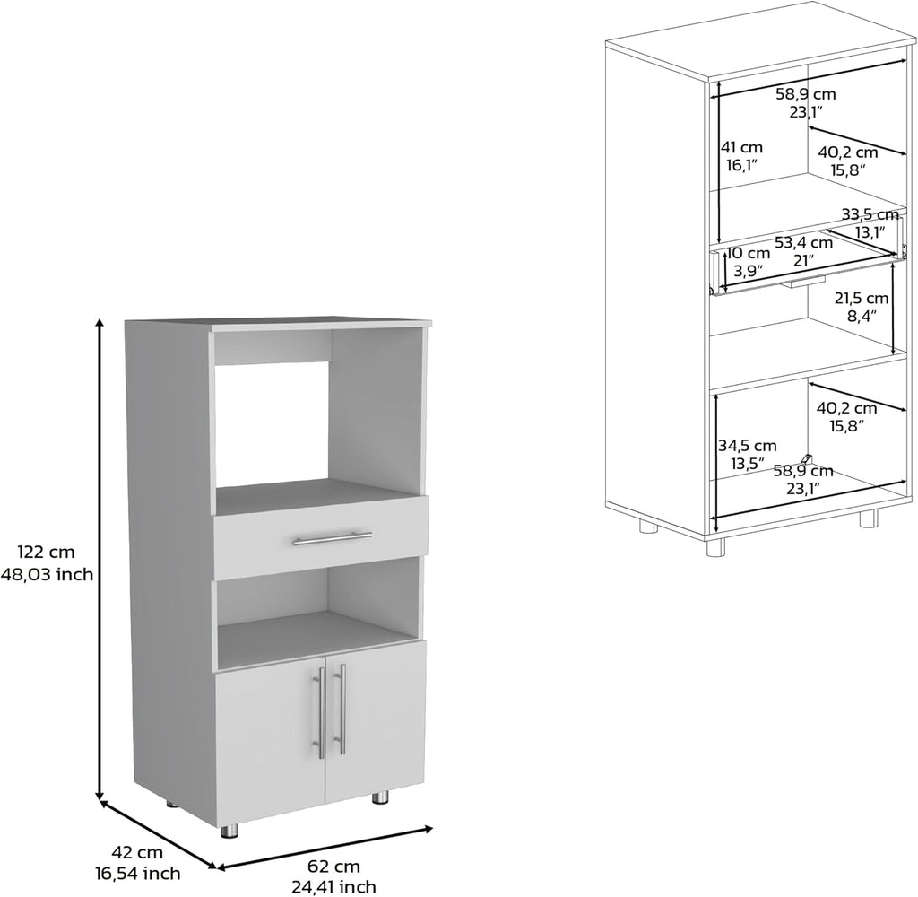 Classic White Kitchen Pantry with Open Shelves, Microwave Shelf, & Storage Doors - 48" H, Pine Wood