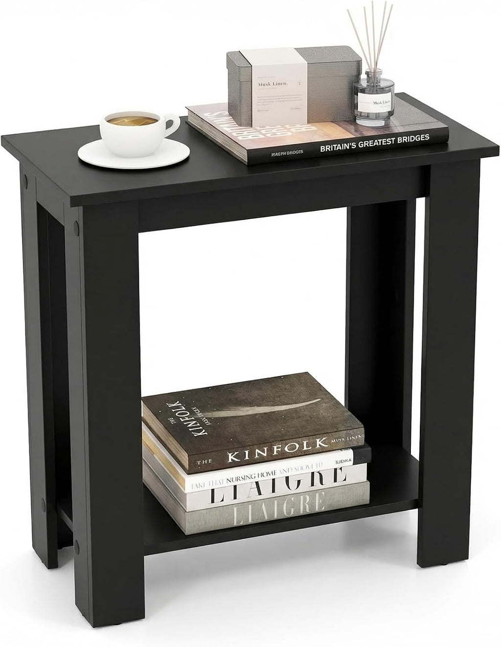 Giantex Narrow End Table, 2-Tier Side Table with Open Storage Shelf, Retro Wood Sofa Table Bedside Tables for Small Spaces, Slim Nightstand for Living Room, Bedroom, Easy Assembly, Black
