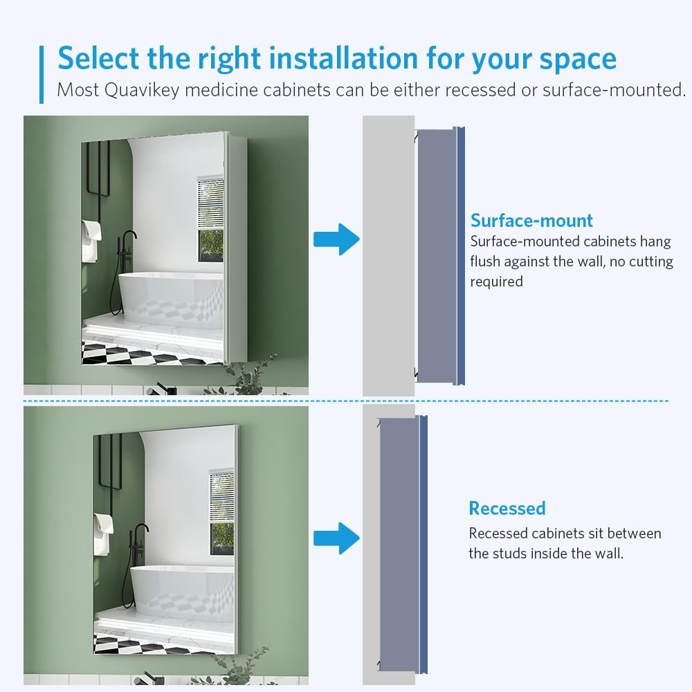 Quavikey 20"x26" Medicine Cabinet with Mirror, Recessed or Surface, Silver | Premium bathroom mirror cabinet featuring rustproof aluminum frame, adjustable shelves, soft-close hinges, and ample storage.