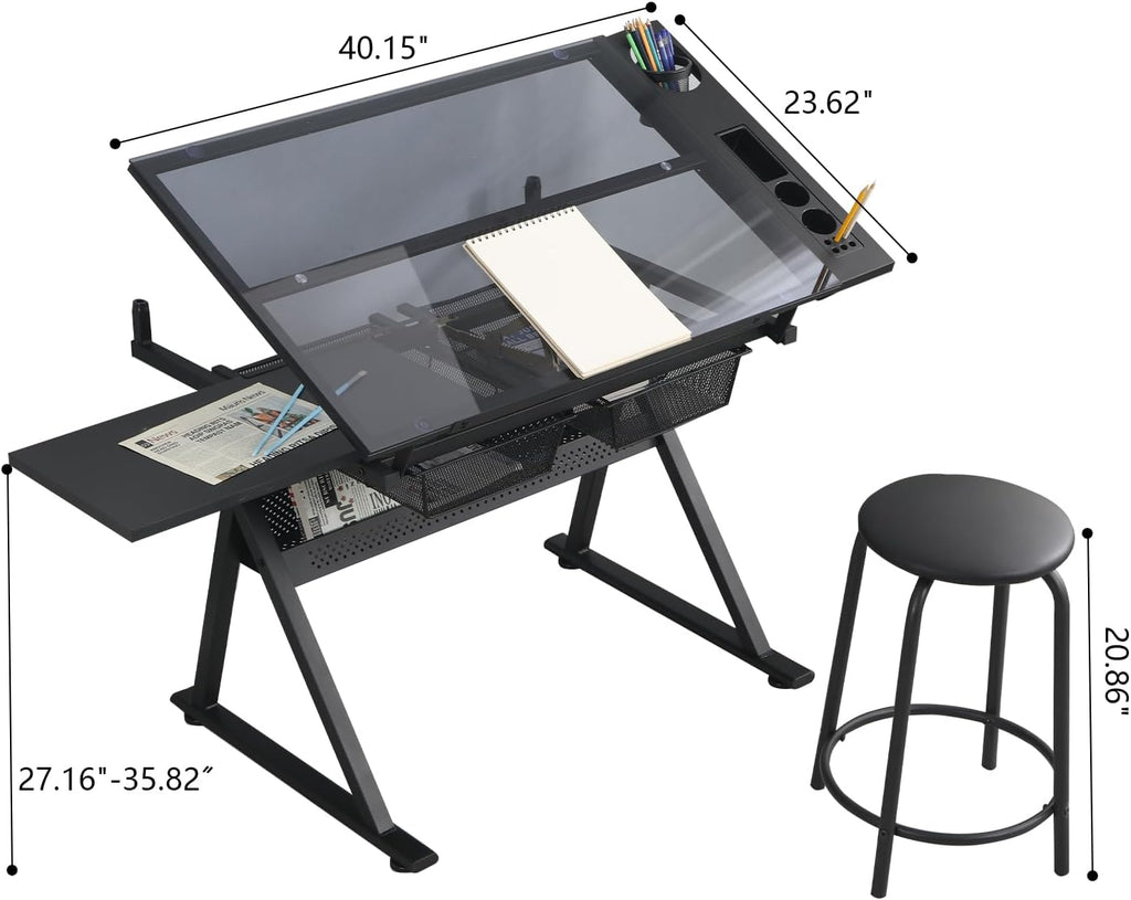 Black Drafting Table Desk w/Stool, Painting Table Art Craft Desk Crafting Table with Tilting Tempered Glass Top, 2 Storage Drawers, Height Adjustable