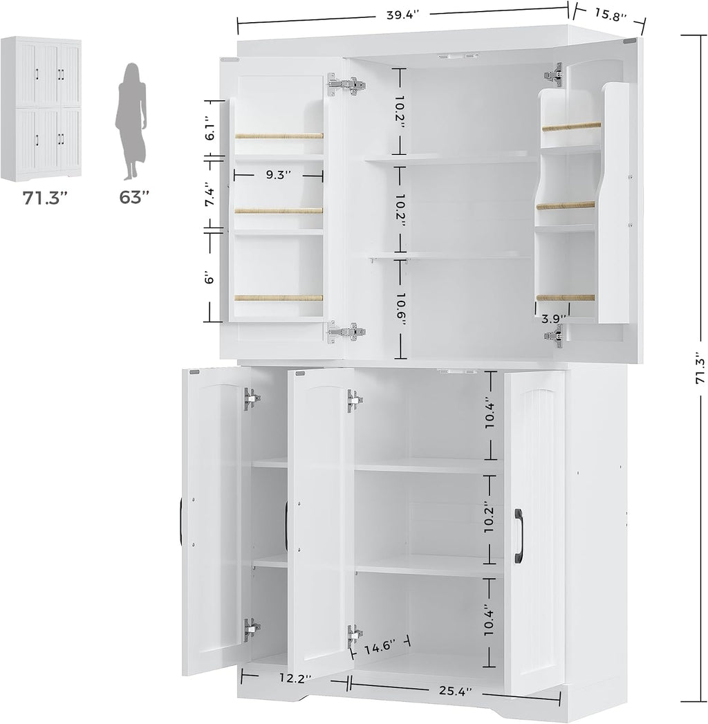 IRONCK Kitchen Pantry Storage Cabinet, Modern Food Pantries with 12 Shelves, 2 Door Racks, Adjustable Shelves, Freestanding Cupboard for Kitchen, Dining Room, White
