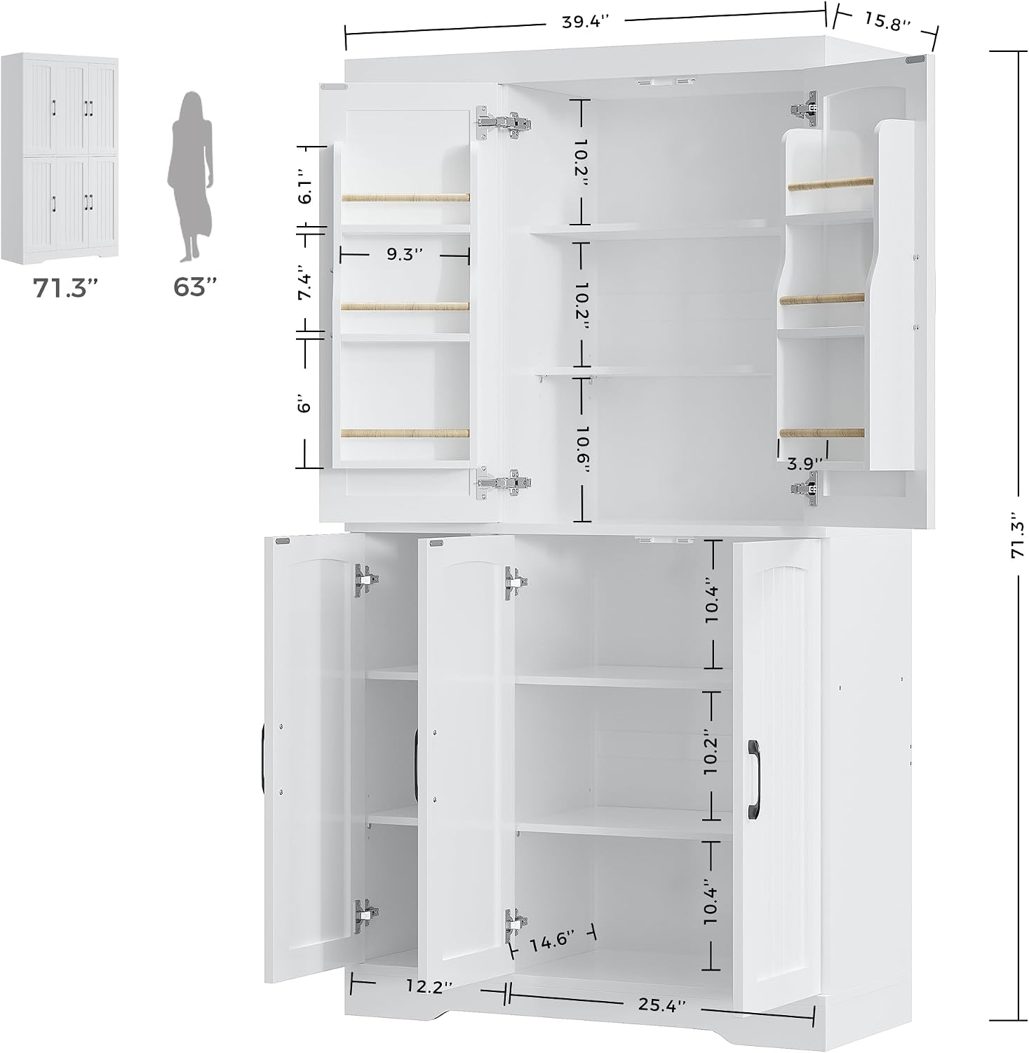 IRONCK Kitchen Pantry Storage Cabinet, Modern Food Pantries with 12 Shelves, 2 Door Racks, Adjustable Shelves, Freestanding Cupboard for Kitchen, Dining Room, White