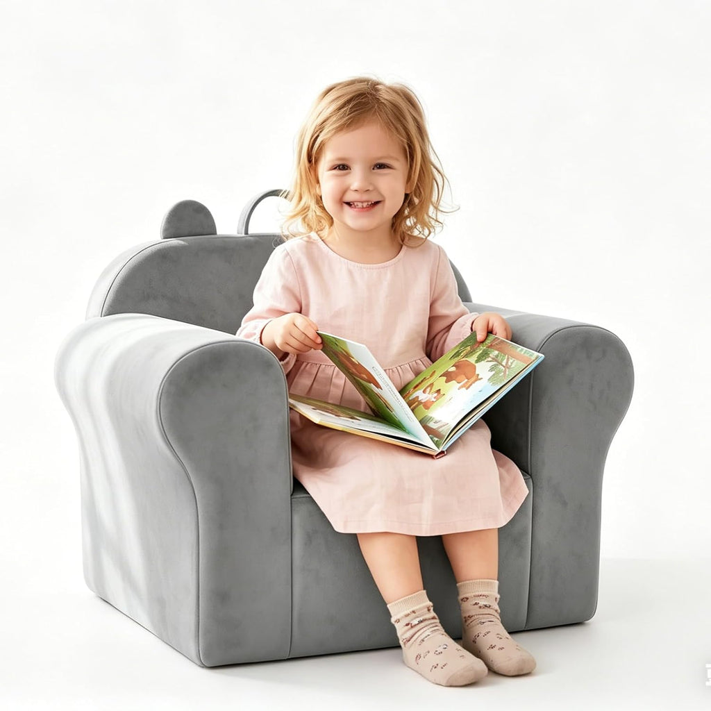 Kids Sofa Chair with Removable Washable Cover Kids Couch Toddler Chair Toddler Bed Cozy Crystal Velvet Furniture for Playtime, Naps & Travel (Soft Grey, Bear Design)