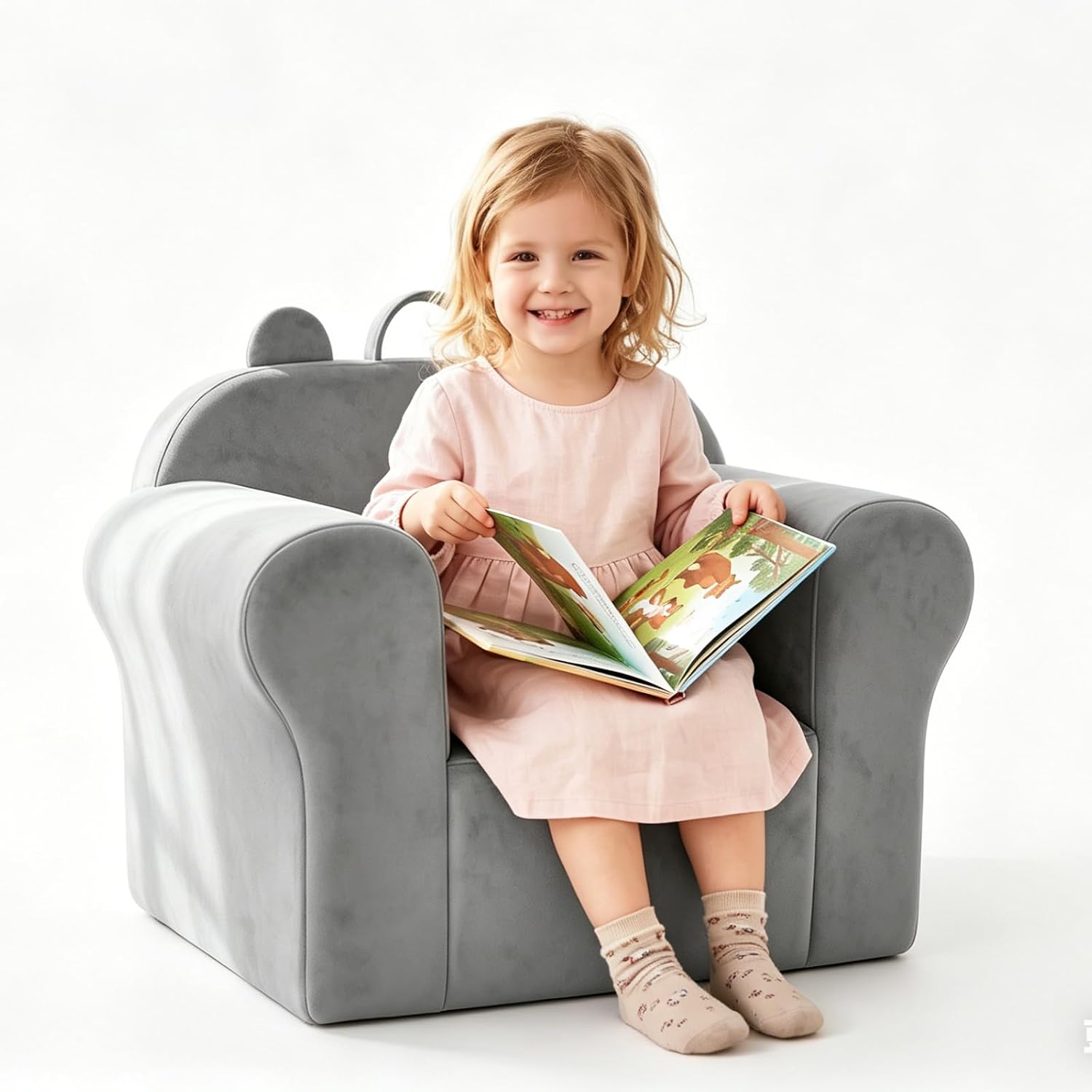 Kids Sofa Chair with Removable Washable Cover Kids Couch Toddler Chair Toddler Bed Cozy Crystal Velvet Furniture for Playtime, Naps & Travel (Soft Grey, Bear Design)
