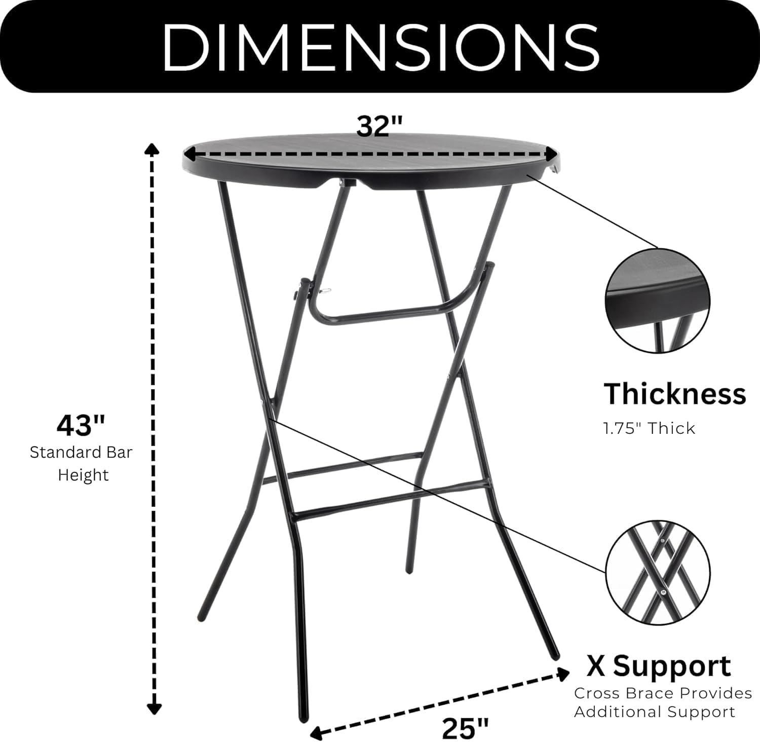 BTEXPERT 32" Round 43" Bar Height Folding Commercial Portable Banquet Plastic Coffee Dining Cocktail Table for Wedding Party Event Home Kitchen Indoor Outdoor Standing Walking-Black