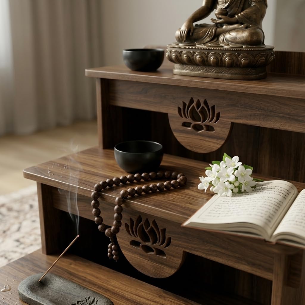 3-Tier Buddhist Altar Table for Prayer & Meditation, Zen Style Wooden Shrine Cabinet with Storage Drawer, MDF Melamine Home Worship Table 23.2 x 24.4 x 26.8 in (59 x 62 x 68 cm) (Walnut)