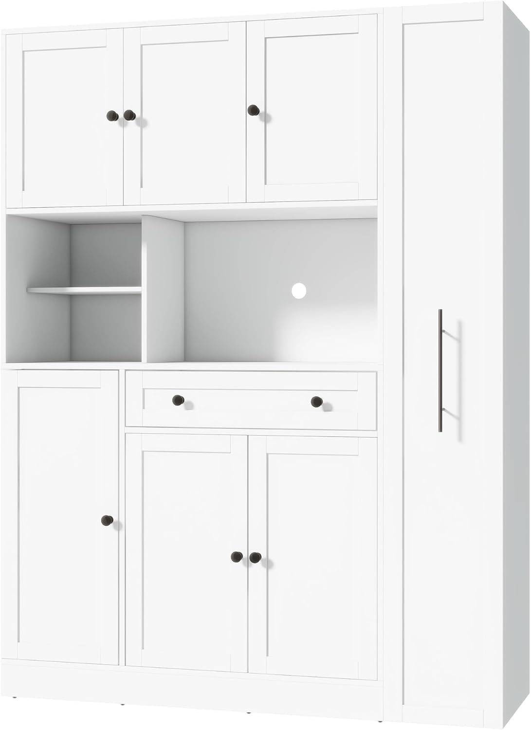 Traditional Freestanding Kitchen Pantry with Pull-Out Side Cabinet, Door Shelves and Drawer, Large Buffet Sideboard Cupboard for Dining Room (White)