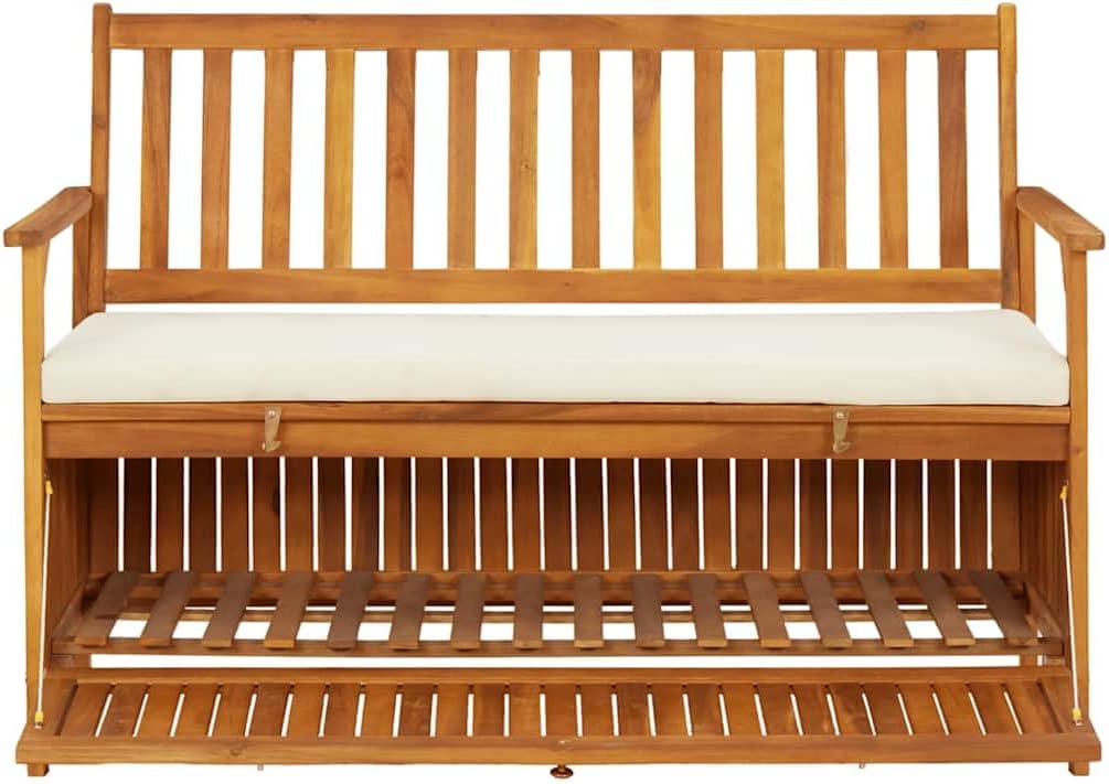 Patio Storage Bench Solid Acacia Wood Outdoor Garden Bench with Cushion, 47.2 Inch 2-Person Seating with Storage Chest for Hallway, Entryway, Backyard, Natural Brown Finish